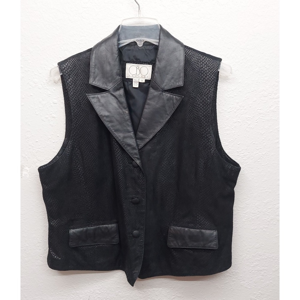 CBO New York Leather Vest Womens 1X Black Snake Skin Print Pockets Button Up